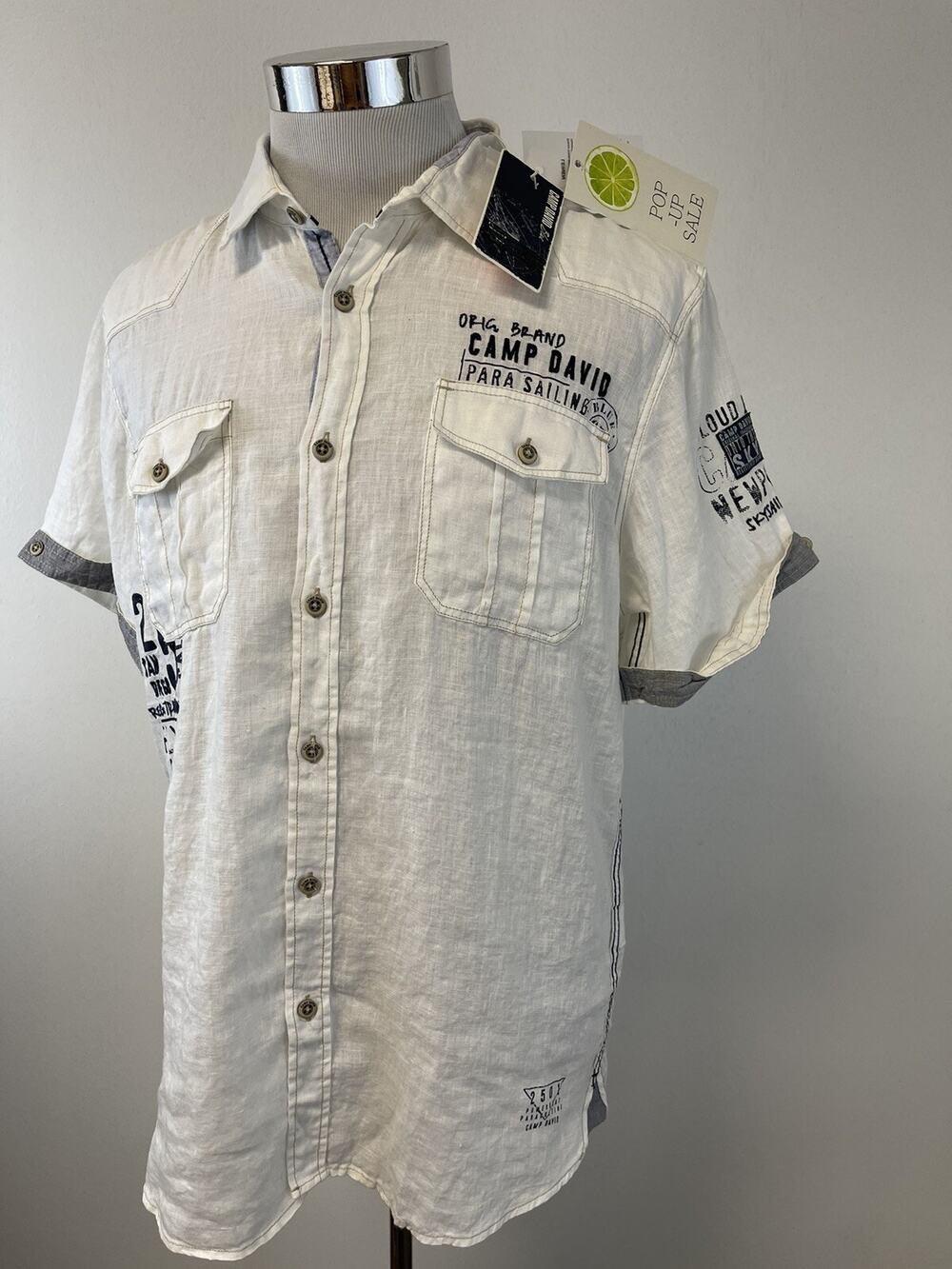 Camp David Shirt Mens Small Button Up 100% Linen Embroidered White N179